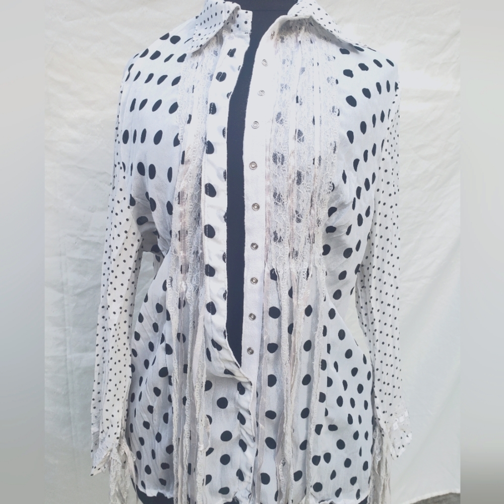 Jaipur Polka Dot Ruffle Front Lace Blouse